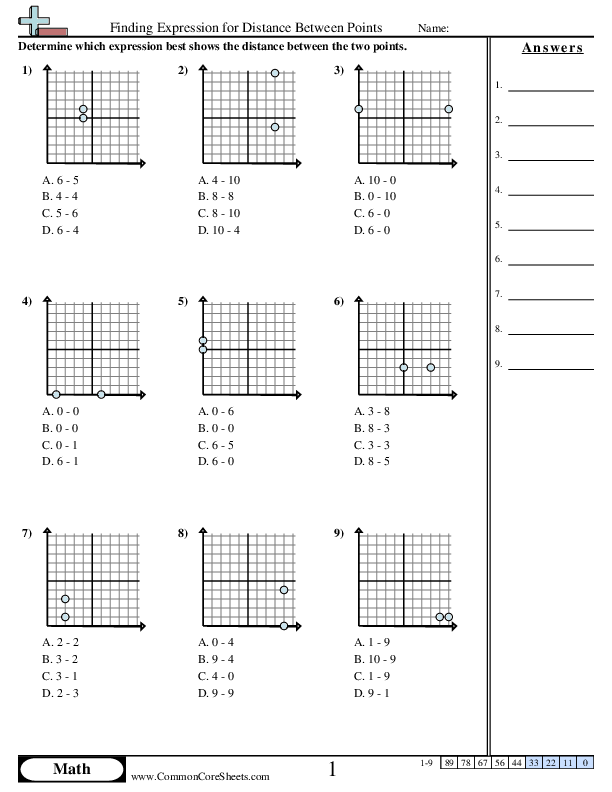 Finding Expression for Distance Between Points worksheet
